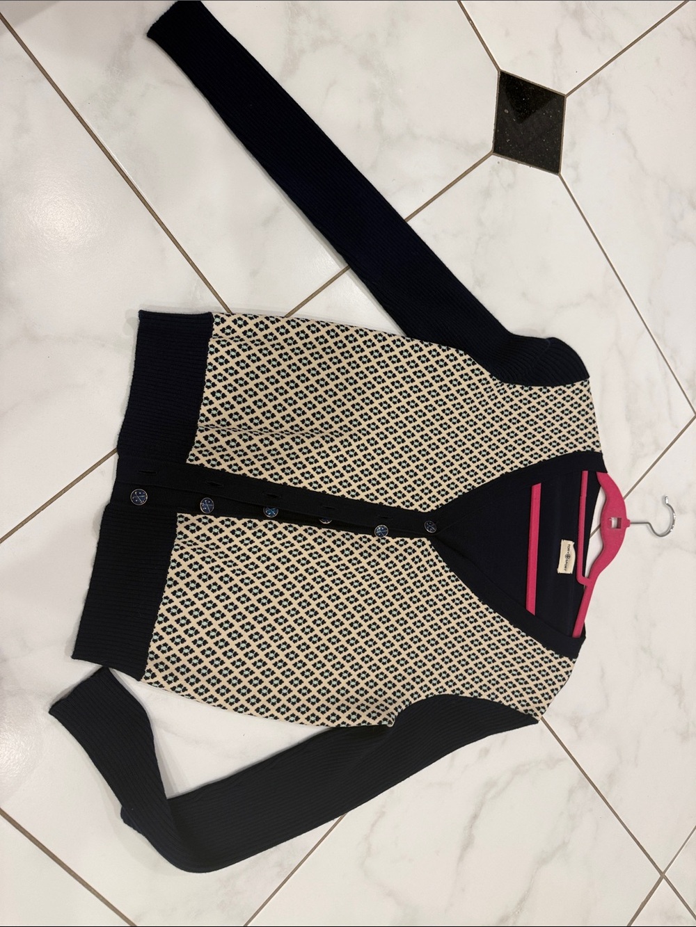 Tory Burch Navy and Cream Patterned V-Neck Cardigan, golf club buttons